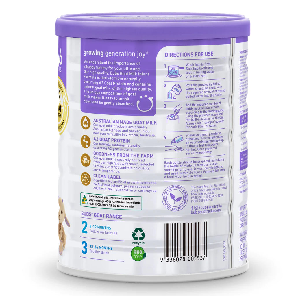 Bubs® Goat Milk Infant Formula Stage 1 - 800g