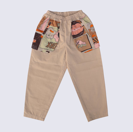 Fruit Monster Patterned Kids Pants (Light Khaki)